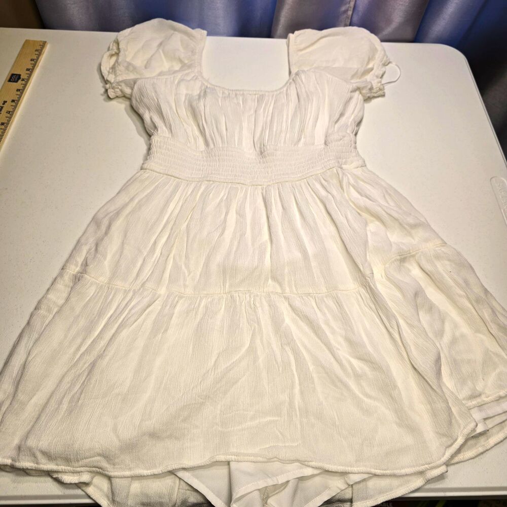 Hollister Women's White Smocked Romper Square Neck Puff Sleeve Short Size L
